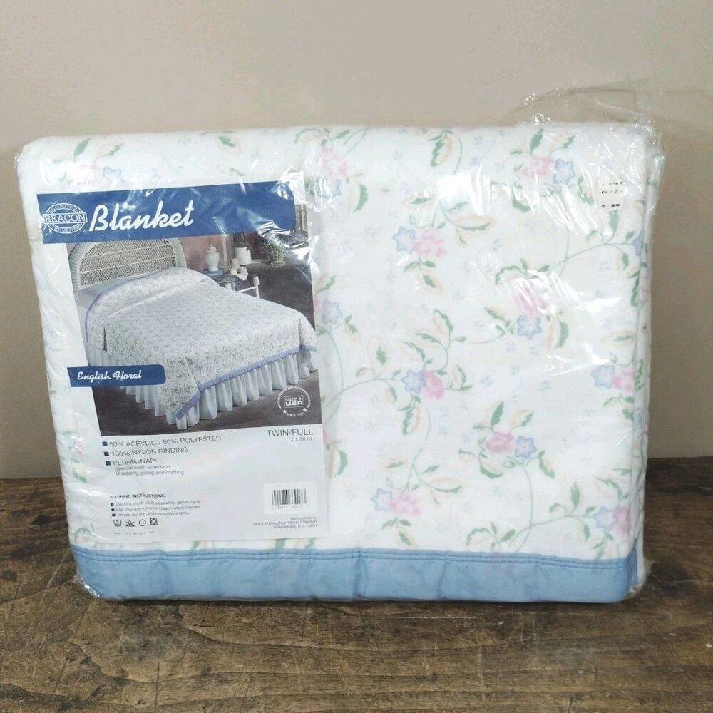 Vintage Beacon Satin Trim Floral Blanket 72x90 Twin/Full Cottagecore New